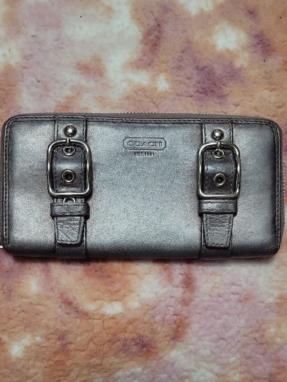 Coach Soho Metallic Gunmetal Zip Wallet with Buckle Details